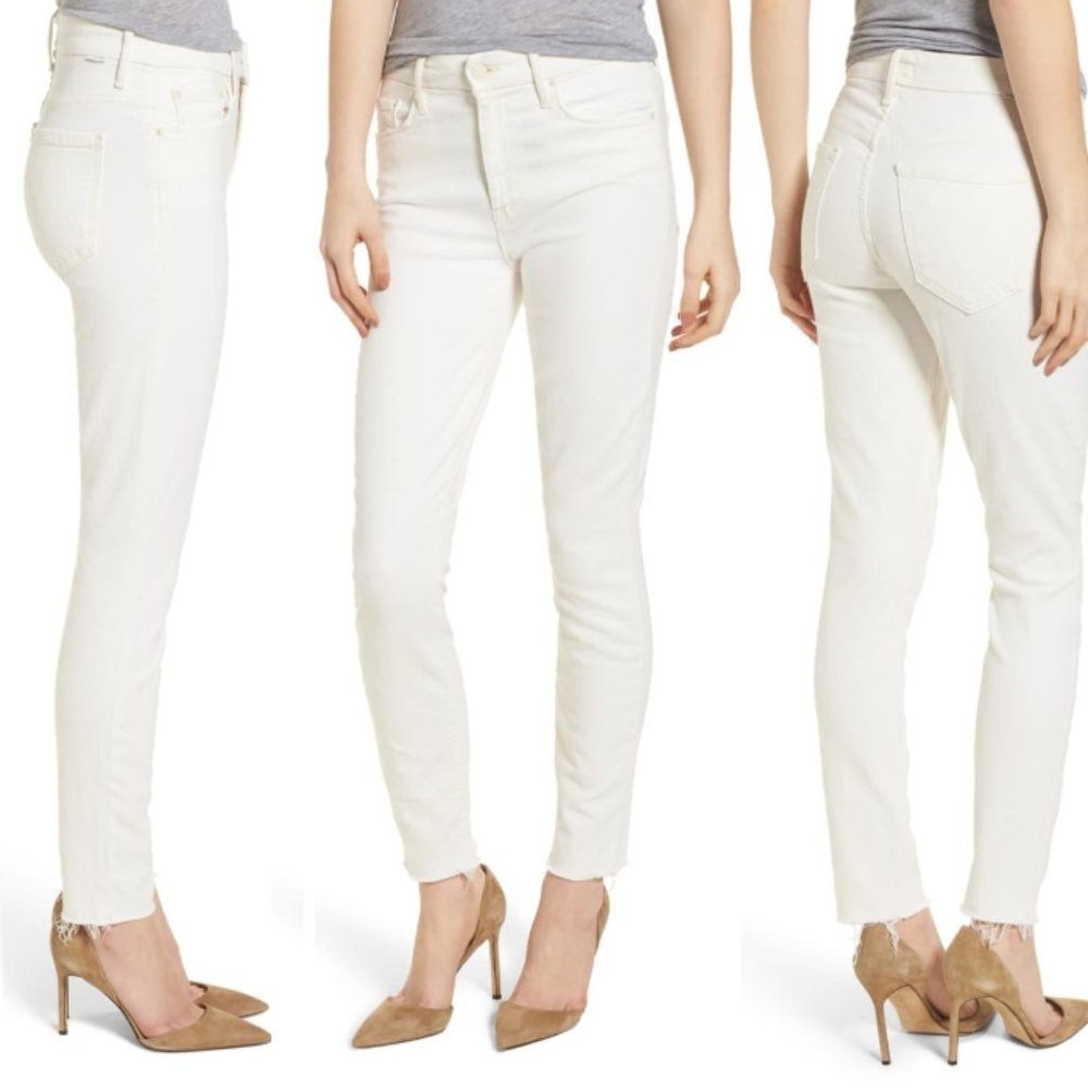 Mother High Waist Looker Ankle Fray‎ Jeans Whipping The Cream White 27 Skinny